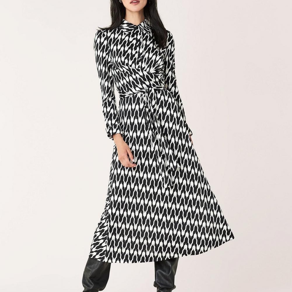 DVF Sana Jersey-Blend Wrap Dress Empire Houndstooth Ivory size XXS.
